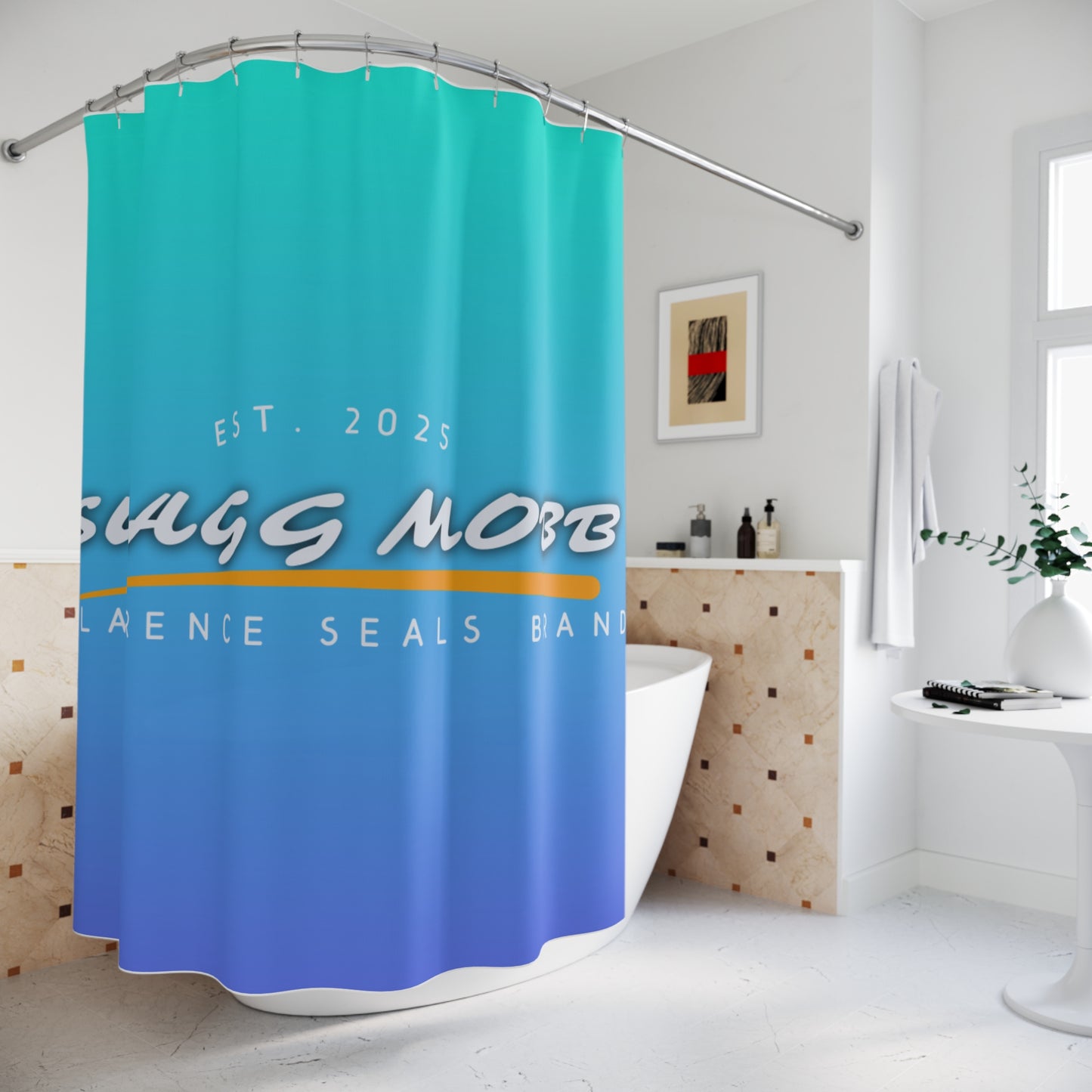 Trendy Shower Curtain with SWAGG MOBB Design, Stylish Bathroom Décor, Modern Home Accessory, Unique Gift Idea, Aqua Gradient