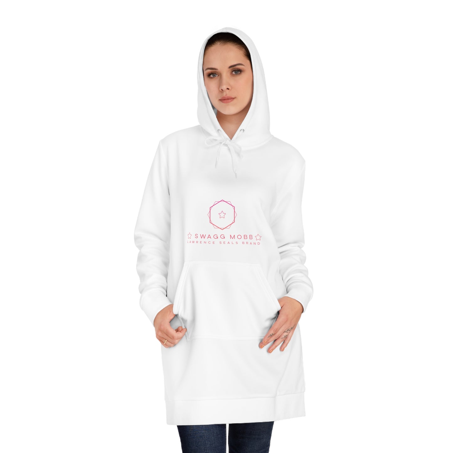 Hoodie Dress — Minimal Pink Floral Emblem Cozy Tunic