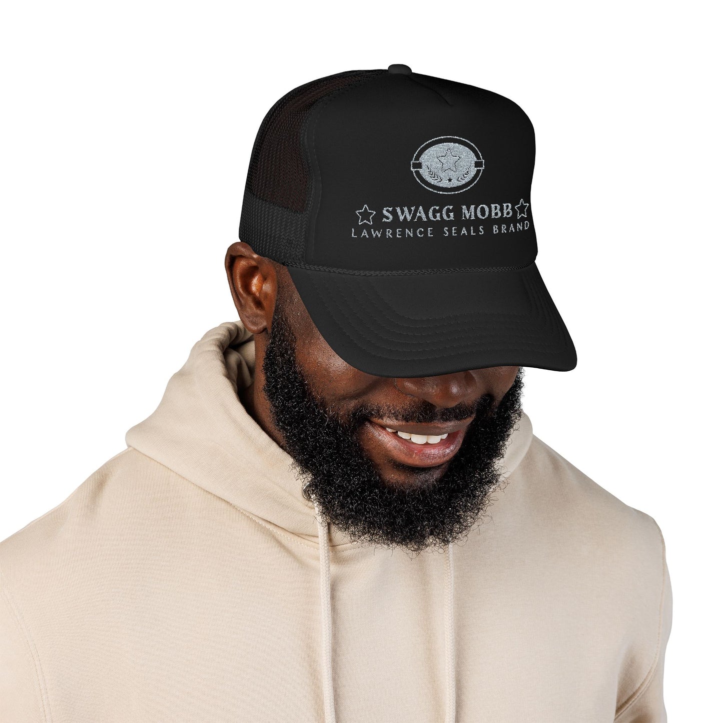 Swagg Mobb Embroidered Trucker Hat - Foam Mesh Cap with 'Lawrence Seals Brand' Patch