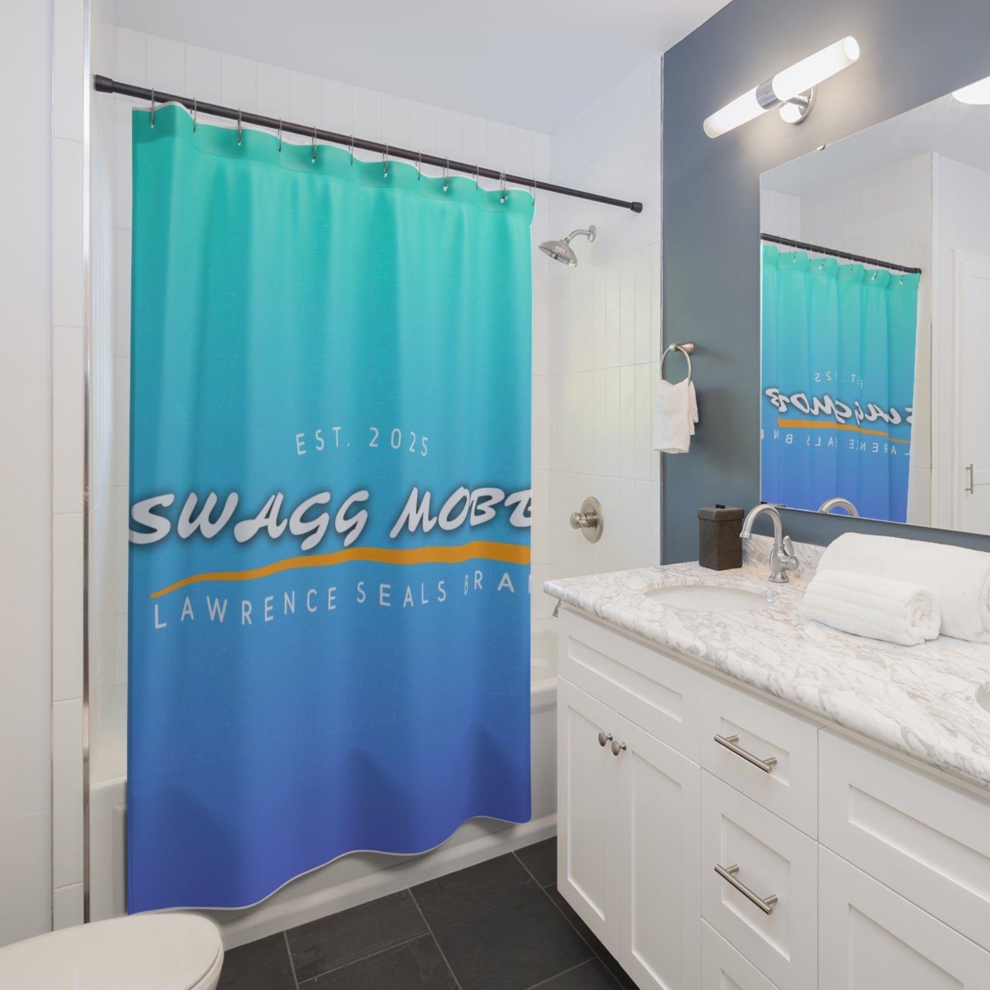 Trendy Shower Curtain with SWAGG MOBB Design, Stylish Bathroom Décor, Modern Home Accessory, Unique Gift Idea, Aqua Gradient