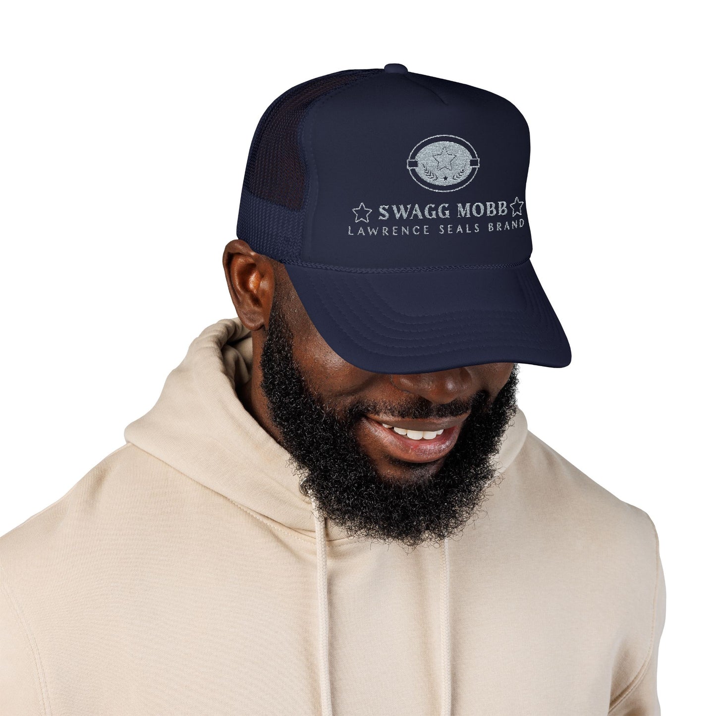 Swagg Mobb Embroidered Trucker Hat - Foam Mesh Cap with 'Lawrence Seals Brand' Patch